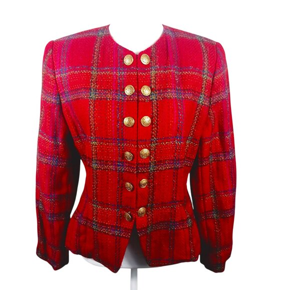 Ellen Tracy Jackets & Blazers - Linda Allard Ellen Tracy 8P Red Plaid Tweed Jacket Gold Buttons w/ Chain Classic